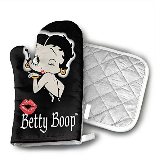 antcreptson Betty Boop Kiss Tin Polyester Set of Oven Mitt and Pot Holder for BBQ - Cooking - Baking - Grilling - Microwave - Barbecue