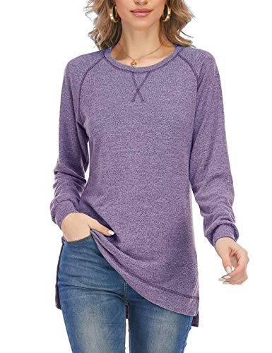 Womens Spring Long Tops Pullover Tunic Sweatshirt Casual Long Sleeve Loose Side Split Tunic Light Purple Small