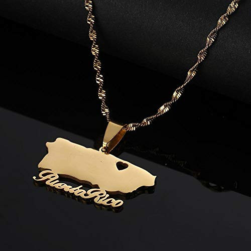 Stainless Steel Trendy Puerto Rico Map Pendant Necklaces PR Puerto Ricans Map Heart Chain Jewelry-Gold-Color