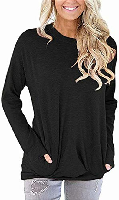 Akihoo Womens Long Sleeve Tops Crew Neck Tunics Casual Comfy Shirts Loose Sweatshirt Solid Blouse Pullover with Pocket XL