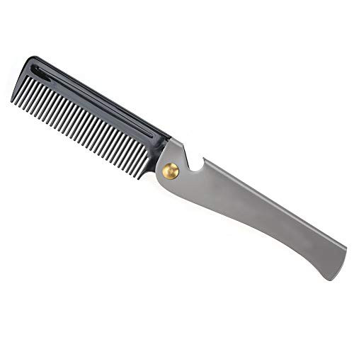 iFCOW Wooden Beard Comb  Folding Pocket Moustache Shaping Comb Stainless Steel Round Comb Teeth Beard Comb