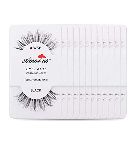 Amorus 12 Pairs Multipack Wispies  WSP Wispy False Eyelashes Dozen Set 100 percent  Natural Hair Black Handmade Comfortable Reusable Strip Fake Lashes Pack