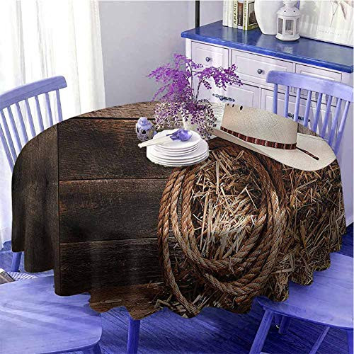 UETECH Microfiber Round Tablecloth Western Decor American West Rodeo Hat with Traditional Ranching Robe On Wooden Ground Folk Art Photo Brown Beige Diameter 39 inch