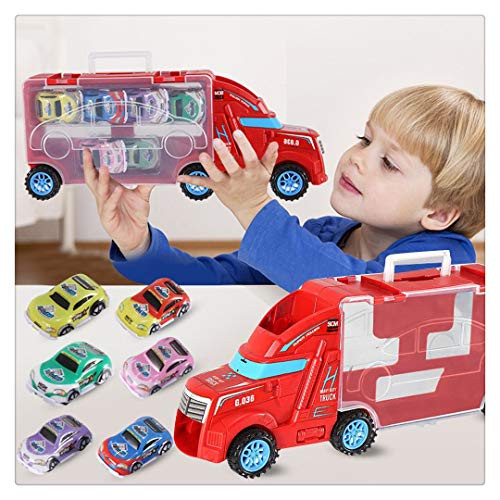 Die Cast Carrier Truck Vehicles Toy  Carrier Truck Toy  Die-Cast Car Toy Set 6 in 1 Kids Cars Toys Gifts -Red-