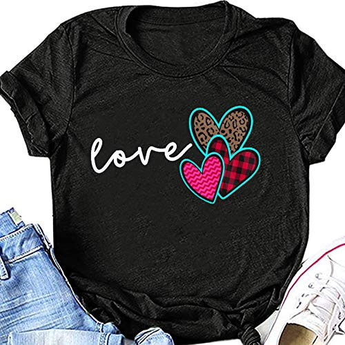 Kanzd Valentines Shirt Women Love Heart Leopard Print Short Sleeves O-Neck Loose T-Shirt Blouse Tops Black