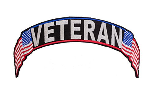 VETERAN Black w  White with Flags Top Rocker Iron On Patch for Motorcycle Rider or Bikers Veteran Vest