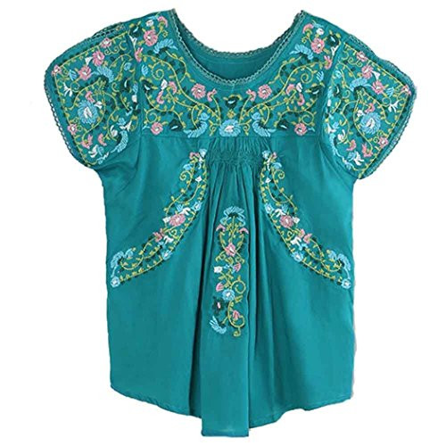 Kafeimali Women s Peasant Tops Mexican Blouse Colorful Flowers Embroidered Boho T Shirt -Light Blue-