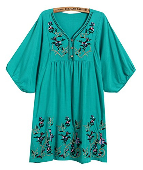 Kafeimali Women s T-Shirt Tunic Dresses Mexican Embroidered Peasant Tops Blouses -Blue-