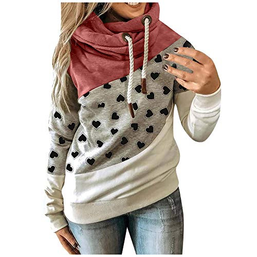 Womens Sweatshirts Cowl Neck Color Block Hoodies Long Sleeved Casual Loose Drawstring Tops Hooded Pullover Red