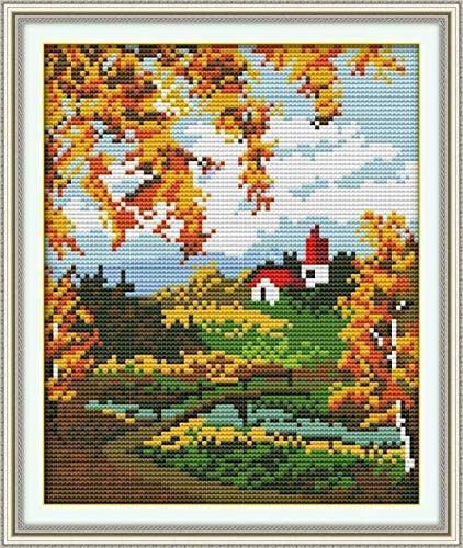 IGZAKER Cross Stitch Embroidery Sets Maple Leaf by The River 11CT Pre-Printed Cross Stitch DIY Handmade Stamped Pattern Cross Stitch for Beginners Needlework Cross Stitch Kit-40x50cm