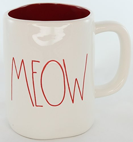 Rae Dunn Magenta Ceramic Coffee Mug Meow Cream/Red with Red Writing