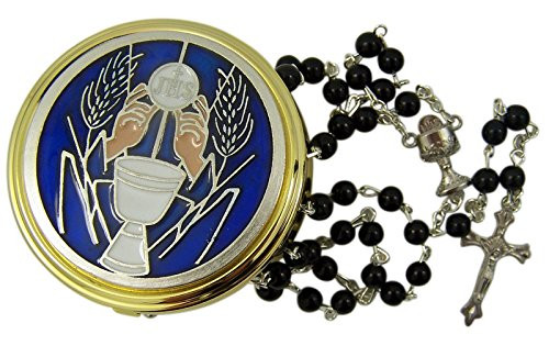 First Communion Blue Enamel IHS Chalice Gold Tone Pyx with Rosary, 2 1/4 Inch First Communion Blue Enamel IHS Chalice Gold Tone Pyx with Rosary, 2 1/4 Inch