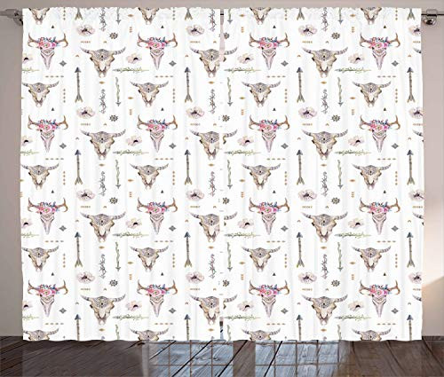 Ambesonne Arrows Curtains  Boho Pattern Artwork with Arrows Feathers Cow Skulls Rustic Theme Artwork  Living Room Bedroom Window Drapes 2 Panel Set  108 inch X 84 inch  White Ivory