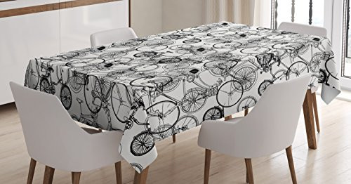 Sketchy Tablecloth by Ambesonne, Vintage Retro Bicycle Bike Hand Drawn Vector Abstract Design Image Artwork, Dining Room Kitchen Rectangular Table Cover, 60 W X 90 L Inches, Black and White