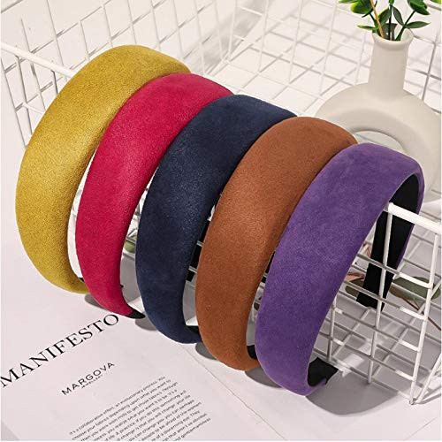 ASLKUYT Fashion Women Solid Suede Leather Wide Sponge Padded Headbands Simple Plain Hairbands Non-Slip Head Hoops Hair 5pcs