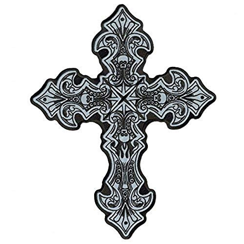 CRUCIFIX  High Thread Embroidered Iron-On Saw-On Rayon REFLECTIVE PATCH - 4 inch x 5 inch  Exceptional Quality