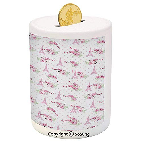 SoSung Eiffel Ceramic Piggy Bank Spring Inspiration Pink Flowers Bouquet and Paris Landmark on Polka Dots Decorative 3D Printed Ceramic Coin Bank Money Box for Kids and Adults Pale Pink Green White SoSung Eiffel Ceramic Piggy Bank Spring Inspiration Pink Flowers Bouquet and Paris Landmark on Polka Dots Decorative 3D Printed Ceramic Coin Bank Money Box for Kids and Adults Pale Pink Green White