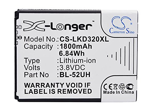 KML Battery for LG BL-52UH EAC62258202 fit Model LG Optimus L70 D320 MS323 D325 D329 Ultimate 2-1800mAh 6.84Wh 3.80V Li-ion- KML Battery for LG BL-52UH EAC62258202 fit Model LG Optimus L70 D320 MS323 D325 D329 Ultimate 2-1800mAh 6.84Wh 3.80V Li-ion-