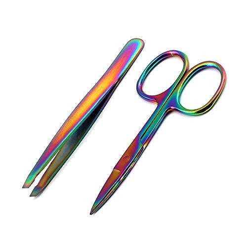 LAJA Imports 2pcs Eyebrow Scissor Tweezer Slant Tip Facial Hair Remover Chameleon Rainbow Stainless Steel Makeup Tool LAJA Imports 2pcs Eyebrow Scissor Tweezer Slant Tip Facial Hair Remover Chameleon Rainbow Stainless Steel Makeup Tool