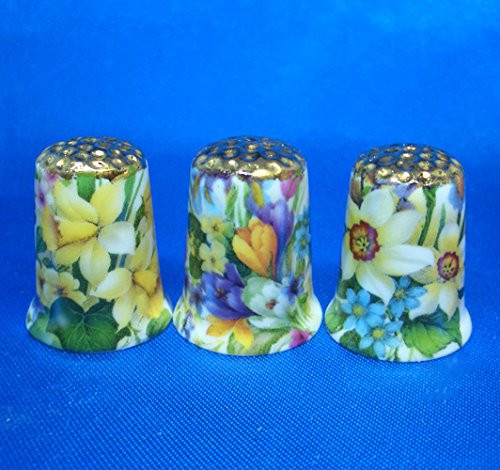 Birchcroft Porcelain China Collectable Thimbles - Set of Three Gold Spring Flowers