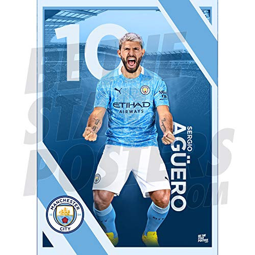 Manchester City FC 2020 21 Sergio Aguero Action A3 Football Poster  Print  Wall Art - Officially Licensed Product - Available in Sizes A3  and  A2 -A3-