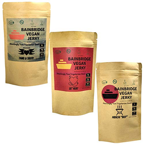 Bainbridge Vegan Jerky  Variety Pack  Tame  and  Tasty  Lil  Heat  Hibachi  inchBeef inch  Vegan Protein Packed  All Natural  Non-GMO  Gluten Free Vegan Snacks   Vegetarian Jerky  3 oz -Pack of 3-