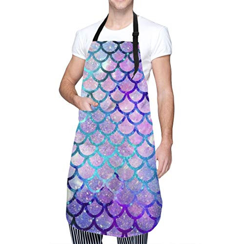 FUNINDIY Funny Bib Apron with 2 Pockets and Extra Long Ties  Waterdrop Resistant Adjustable Kitchen Chef Apron for Men Women - Mermaid Scales Fashion Galaxy Pattern Apron - 33 inch x 28 inch