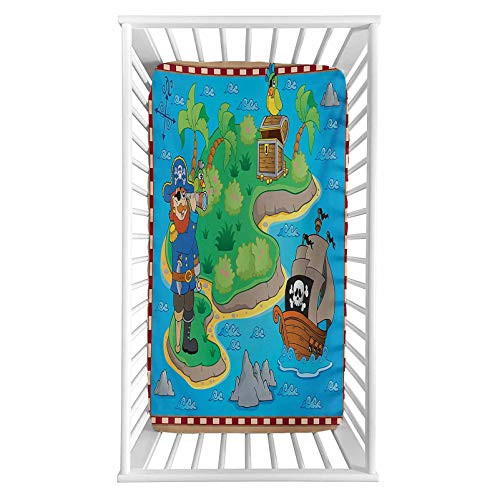 Island Map Fitted Crib Sheet Funny Cartoon of Treasure Island with A Pirate Ship and Parrot Kids Play Room Microfiber Silky Soft Toddler Mattress Sheet Fitted 28 inchx 52 inchx 8   Baby Sheet for Boys Girls