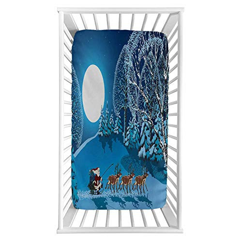 Christmas Fitted Crib Sheet Santa in Sleigh a Night with Full Moon in the Sky Snowy Winter Xmas Theme Print Microfiber Silky Soft Toddler Mattress Sheet Fitted 28 inchx 52 inchx 8   Baby Sheet for Boys Girls