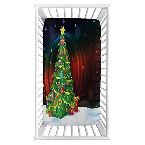 Christmas Fitted Crib Sheet Colorful Funny Designed Xmas Tree Abstract Backdrop with Stars Presents Cartoon Microfiber Silky Soft Toddler Mattress Sheet Fitted 28 inchx 52 inchx 8   Baby Sheet for Boys Girls