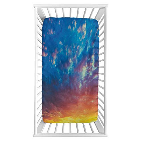 Yellow and Blue Fitted Crib Sheet Dramatic Sky Sunset Scenic Cloudscape Idyllic Twilight Eco Picture Microfiber Silky Soft Toddler Mattress Sheet Fitted 28 inchx 52 inchx 8   Baby Sheet for Boys Girls