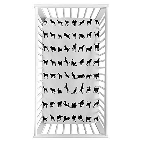 Black and White Fitted Crib Sheet Different Silhouettes Dogs Various Breeds Corgi Golden Retriever Pitbull Microfiber Silky Soft Toddler Mattress Sheet Fitted 28 inchx 52 inchx 8   Baby Sheet for Boys Girls