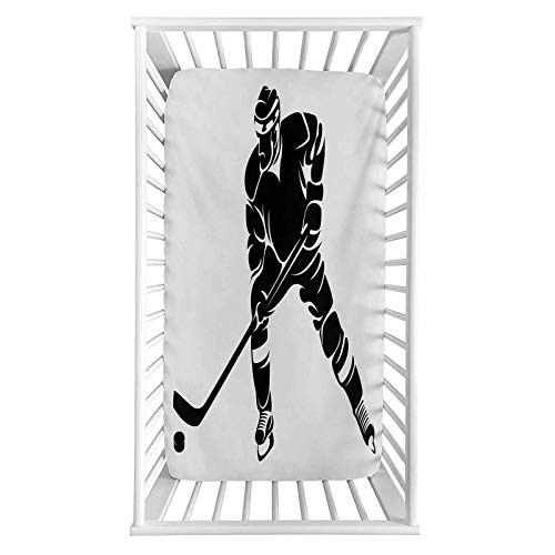 Hockey Fitted Crib Sheet Abstract Black Silhouette of a Competitive Player in the Match Position Sportsman Microfiber Silky Soft Toddler Mattress Sheet Fitted 28 inchx 52 inchx 8   Baby Sheet for Boys Girls