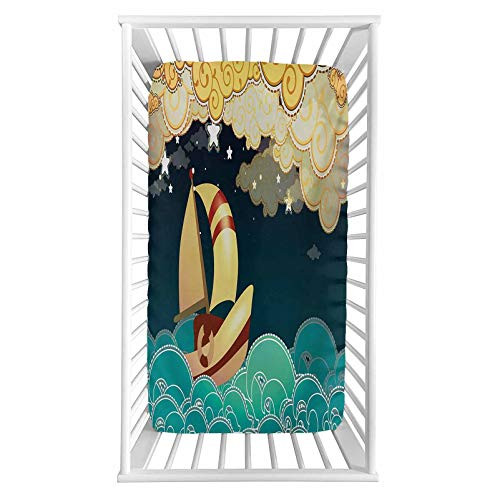 Ship Fitted Crib Sheet Kids Fairy Tale Fantasy Illustration Magical Night Time Sailing Ship on Curly Waves Microfiber Silky Soft Toddler Mattress Sheet Fitted 28 inchx 52 inchx 8   Baby Sheet for Boys Girls