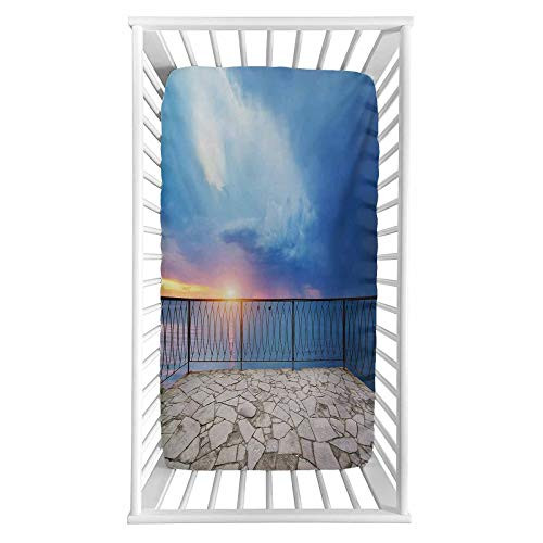 Lyzelre Modern Fitted Crib Sheet Balcony View Landscape of Ocean Sea as Sunset or Dawn Photograph Microfiber Silky Soft Toddler Mattress Sheet Fitted 28 inchx 52 inchx 8   Baby Sheet for Boys Girls