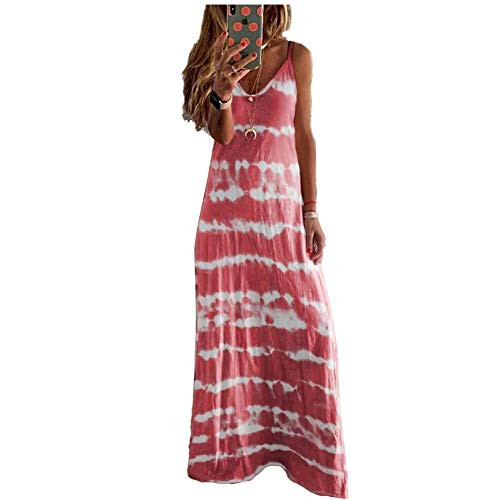 Womens Summer Boho Maxi Dress Loose Casual V Neck Sleeveless Gradient Tie Dye Print Vest Swing Long Beach Tank Tunic Dresses-s Wine