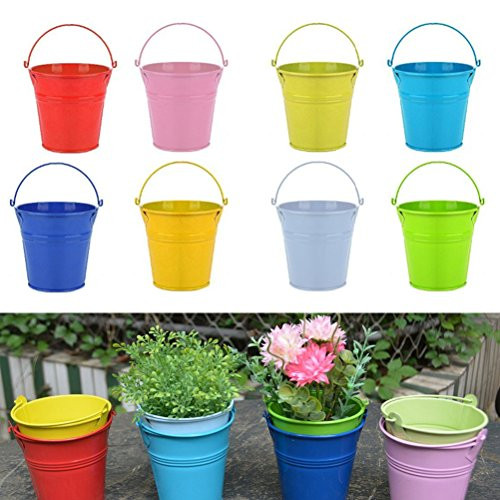 DOITOOL Planter 8pcs Iron Hanging Flower Pots Balcony Garden Pots Wall Planters Metal Bucket Flower Holders -Random Color- As Shown