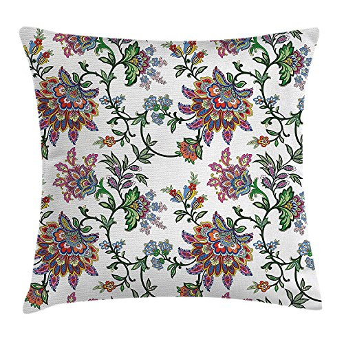 Floral Throw Pillow Cushion Cover  Vintage Style Ornamental Flower Motifs Flourishing Romantic Spring Leaves Artwork  Decorative Square Accent Pillow Case  18 X 18 Inches  Multicolor