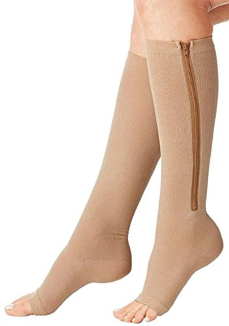 Bcurb Zippered Medical Compression Socks With Open Toe - Best Support Zipper Stocking for Varicose Veins  Edema  Swollen or Sore Legs - Helps Foot Feet Knee Ankle Arch - -1 Pair  Large  Cream-
