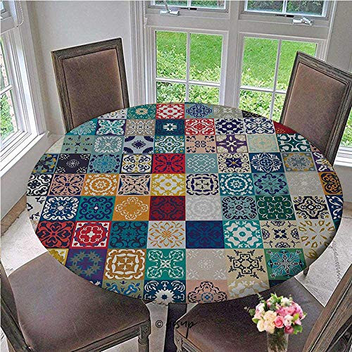 Elastic Tablecloth Patchwork Pattern with Different Colorful Arabic Figures Original Tunisian Artful Elastic Edge Fitted Table Cloth Suitable for Indoor and Outdoor Multicolor Diameter - 39 Inch