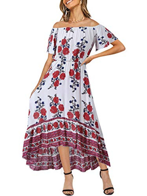 Kidsform Women Off Shoulder Maxi Dress Boho Floral Print Bohemia Beach Party Long Dresses White S