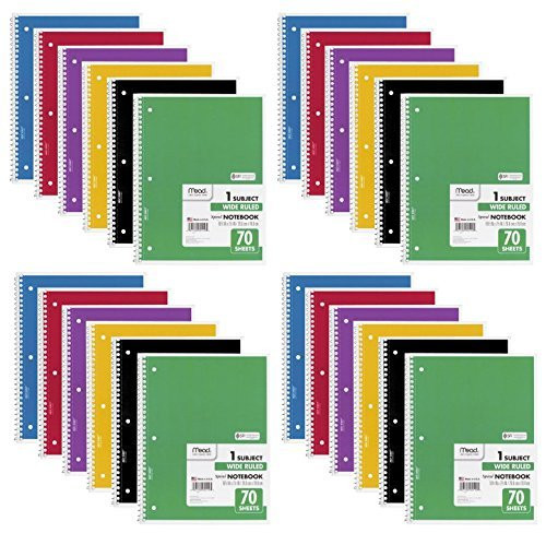 Mead Spiral Notebook, Wide Ruled, 1 Subject, 70 Sheets, 24 PACK