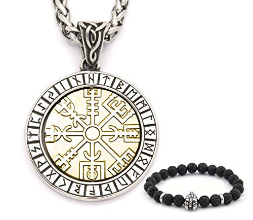 BaviPower Nordic Helm of Awe Viking Rune Aegishjalmur Pendant Necklace Stainless Steel Jewel for Mens Womens