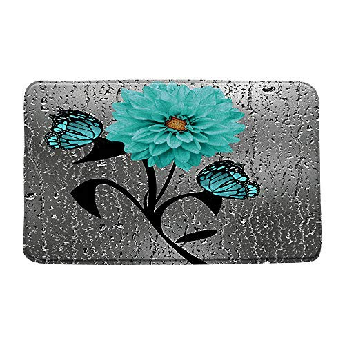 AMFD Teal Gray Bath Mat Dahlia Flower Butterfly Gray Water Beads Background Creative 3D Print Art Black Bathroom Shower Mat Kitchen Rug Microfiber Memory Foam 20x31 Inches