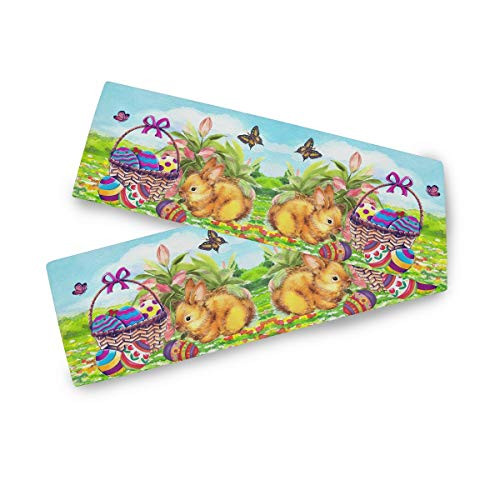 Wamika Happy Easter Day Bunny Eggs Basket Lilies Flowers Long Table Runner Cloth 13x70 Inch  Easter Rabbit Eggs Spring Butterfly Table Runner Placemat for Kitchen Dining Home Decor Housewarming