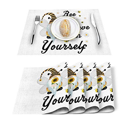 SUN-Shine Placemats Set of 4  Cute Gnomes and Bees Placemat for Dining Table Decorations  Heat-Resistant Washable Table Mats for Kitchen Dinner Banquet Spring Sunflower