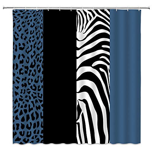 WZFashion Leopard Print Shower Curtain Navy Blue Leopard Zebra Skin Pattern Geometric Square Stripe Splice Patchwork Wild Safari Animal Big Cat African Creative Bath Curtain Decor Fabric with Hooks