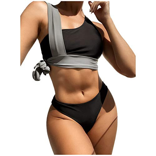Two Piece Bikini Set for Women Push Up Padded Swimwear Fashion Patchwork Bandage Beachwear High Waist Bathing Suit -L Black-