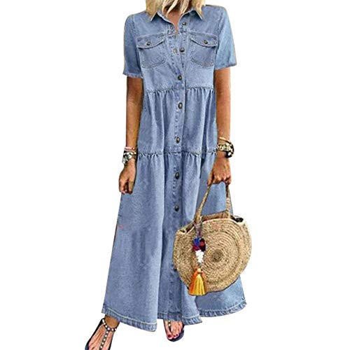 GLOA Retro Women Denim Dress  Summer Casual Short Sleeve Turn Down Collar Pockets Button Long Loose Dress Light Blue XXXL