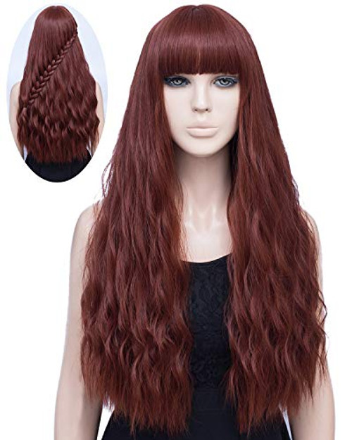 Iciwueen Auburn Wig for Women  28 Long Curly Wavy Wigs with Bangs Natural Looking Premium Heat Resistant Synthetic Wigs for Girls Lady Cosplay Party Daily Wear